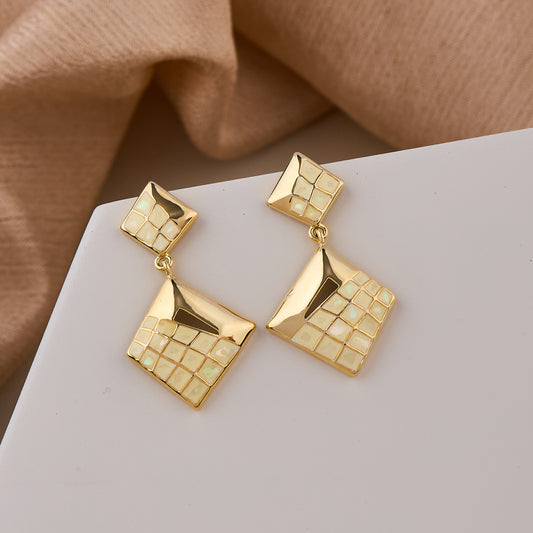 Gold Geometric Drop Earrings with Mosaic Detailing