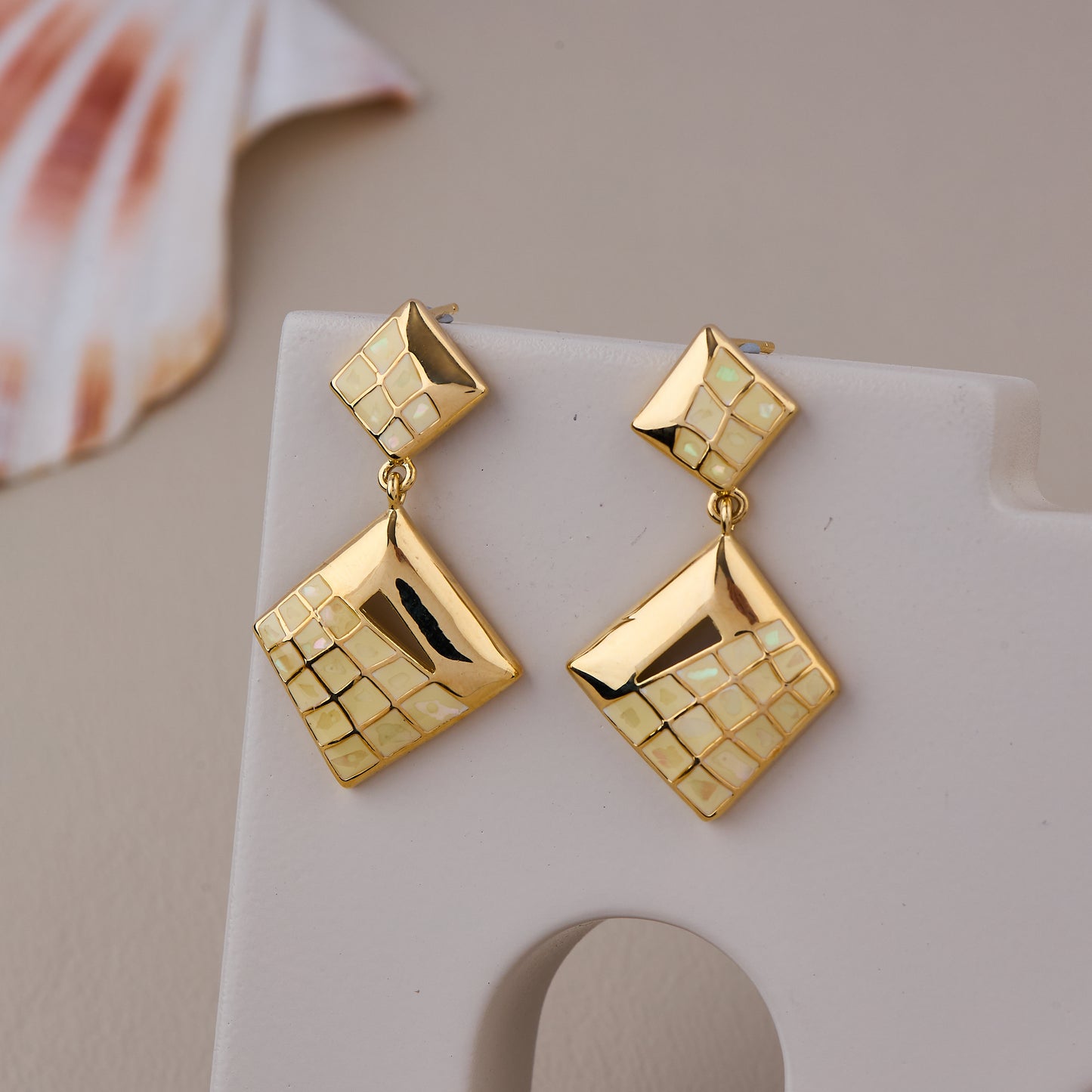 Gold Geometric Drop Earrings with Mosaic Detailing