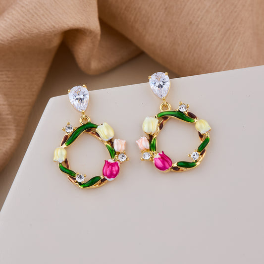 Floral Wreath Drop Earrings with Colorful Tulip Accents and Crystal Studs