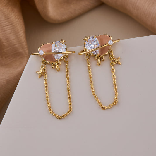 Galaxy Planet Drop Earrings with Crystal Center