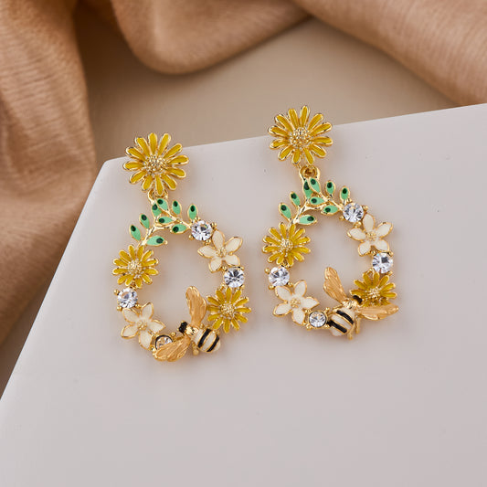 Floral Hoop Earrings with Crystal Accents and Enamel Bee Detailing