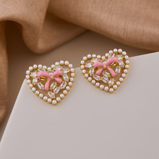 Romantic Heart-Shaped Earrings with Pink Bow, Crystal Accents, and Pearl Border