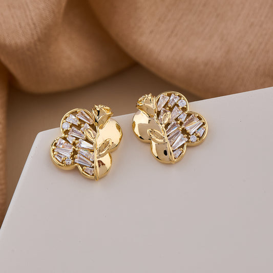 Elegant Gold Floral Earrings with Baguette-Cut Crystals