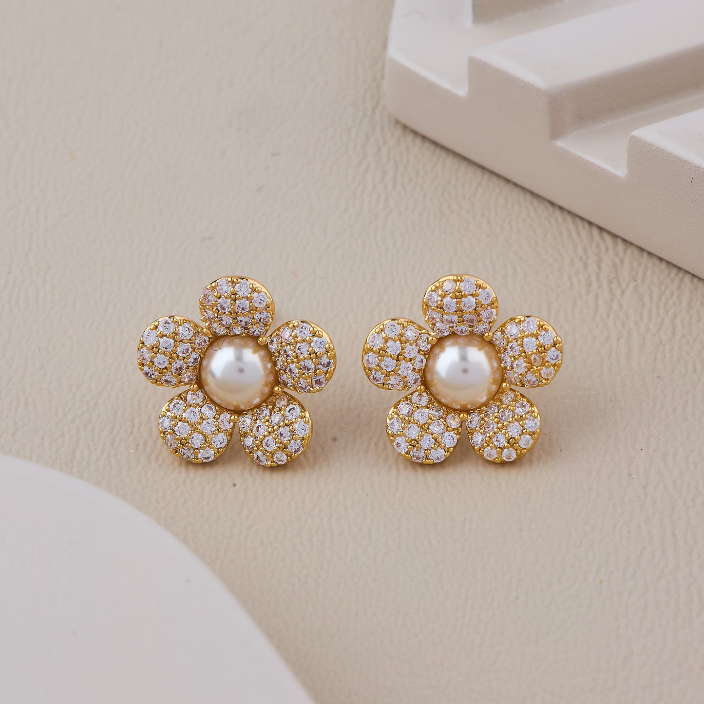 Gold Floral Pearl Earrings with Diamond-Studded Petals