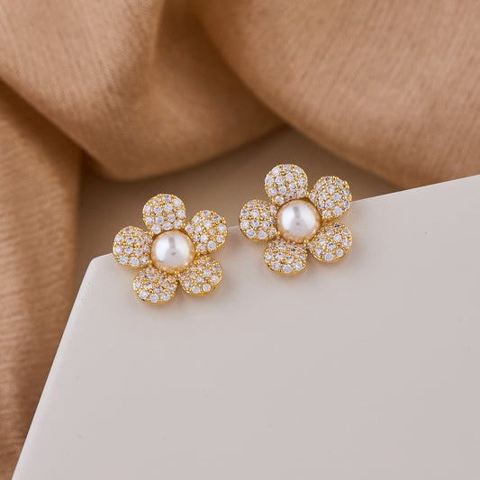 Gold Floral Pearl Earrings with Diamond-Studded Petals