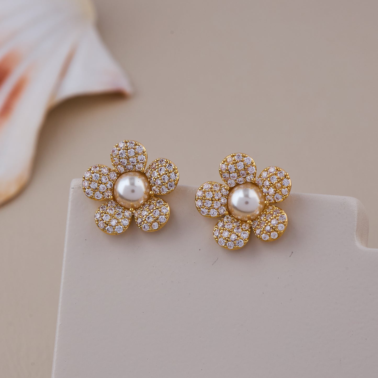 Gold Floral Pearl Earrings with Diamond-Studded Petals