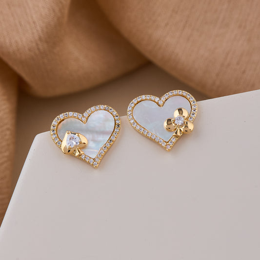 Gold Heart-Shaped Earrings with Mother of Pearl Inlay