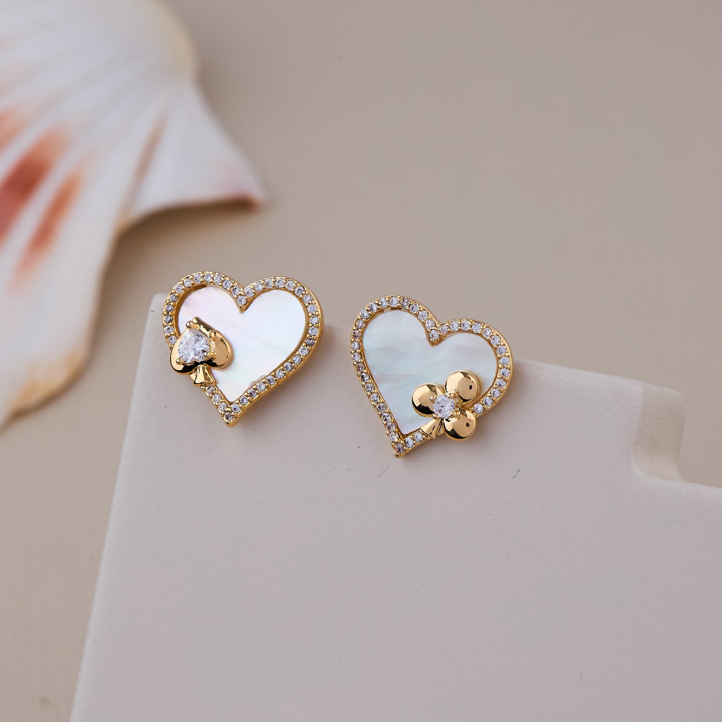 Gold Heart-Shaped Earrings with Mother of Pearl Inlay