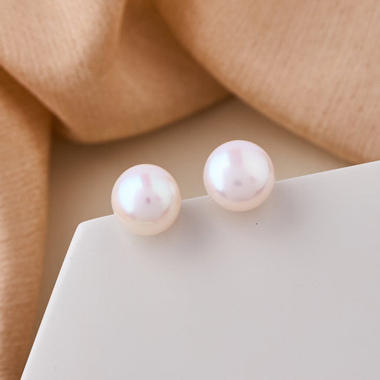 Classic Round Pearl Stud Earrings with a Soft Pink Luster