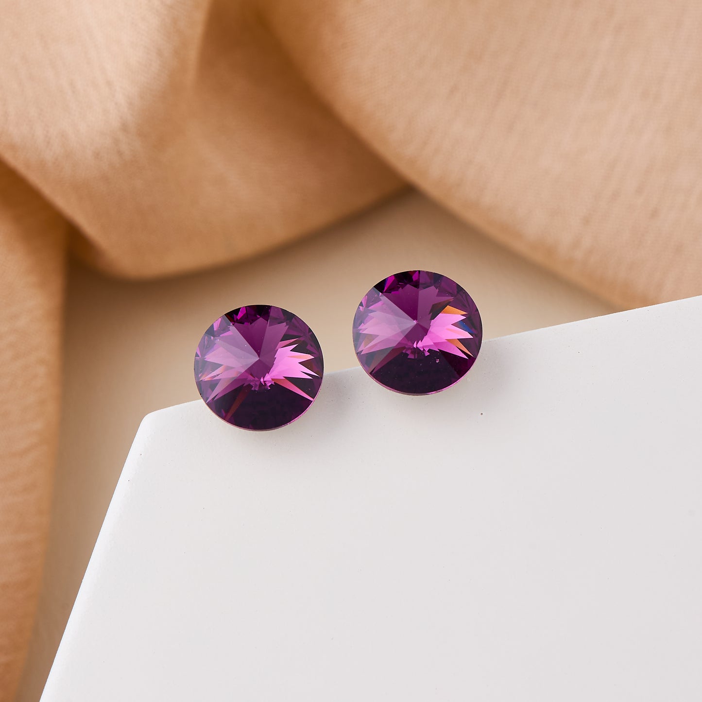 Round Faceted Purple Crystal Stud Earrings