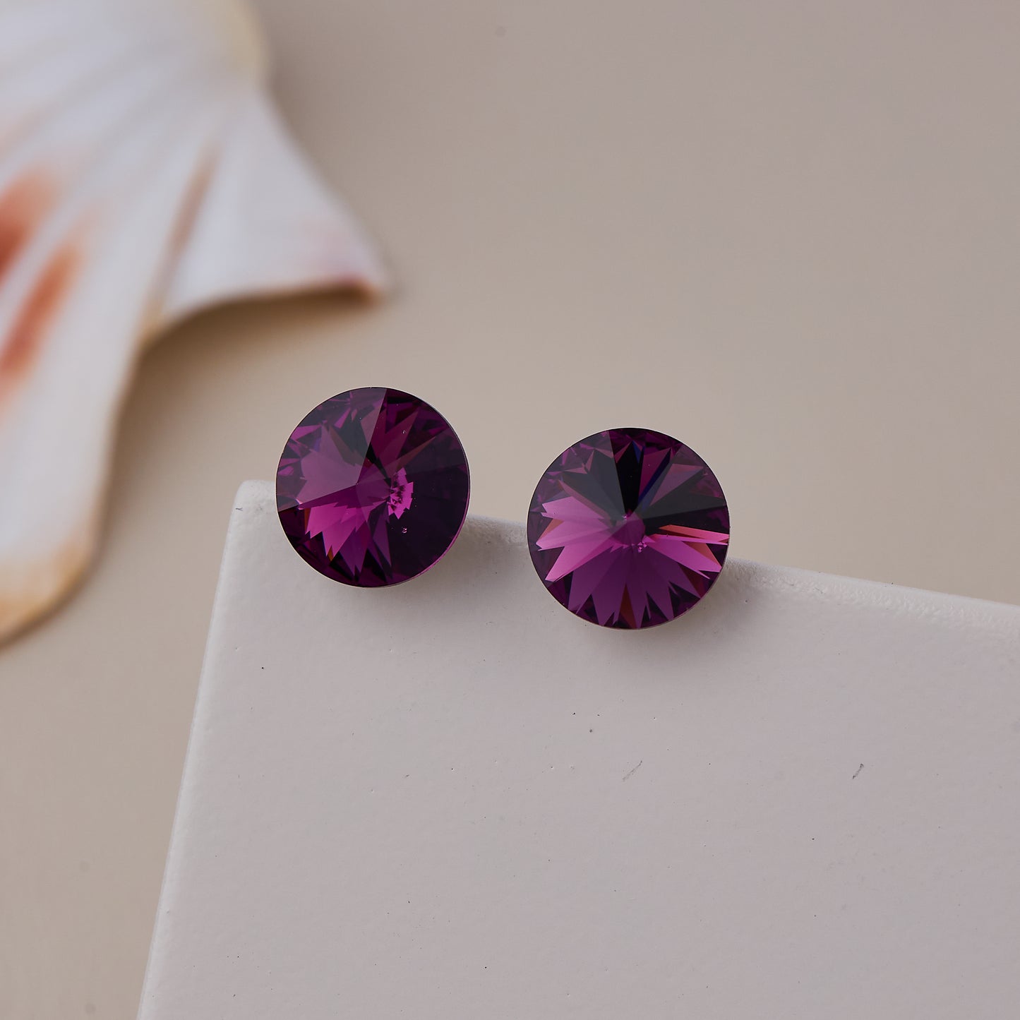 Round Faceted Purple Crystal Stud Earrings