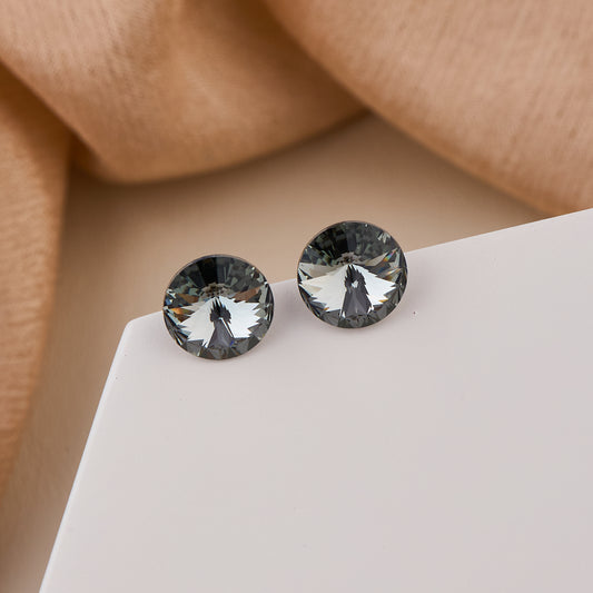 Round Faceted Black Crystal Stud Earrings with Mirror-Finish Detailing