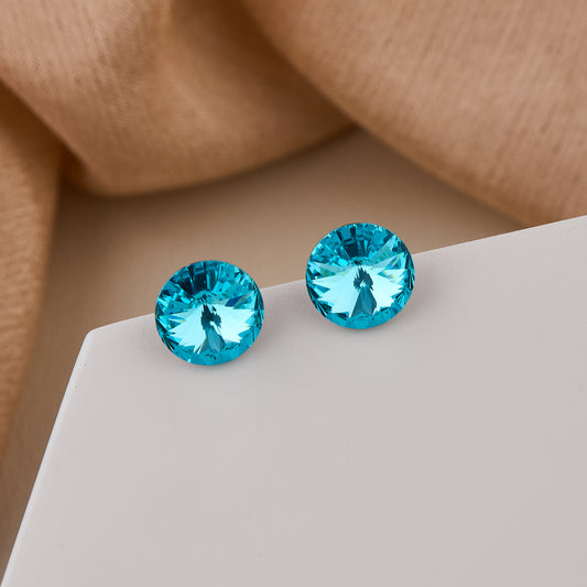 Round Faceted Aqua Blue Crystal Stud Earrings with Radiant Shine