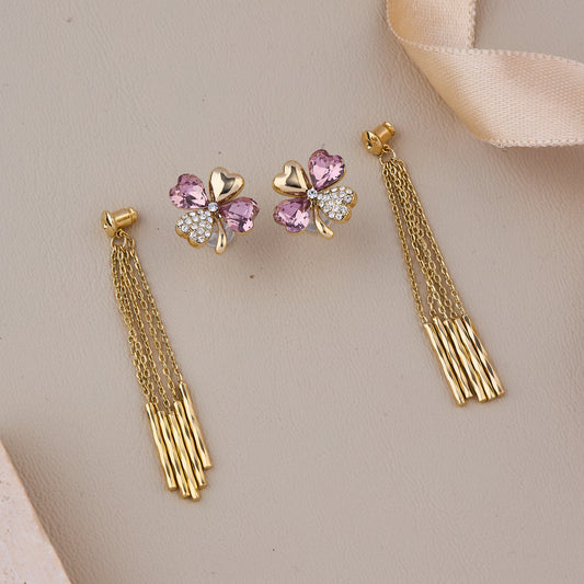Gold Heart and Pink Crystal Clover Earrings with Dangling Multi-Chain Tassels