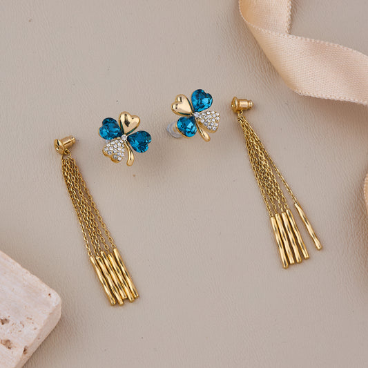 Gold Heart and Blue Crystal Clover Earrings with Dangling Multi-Chain Tassels