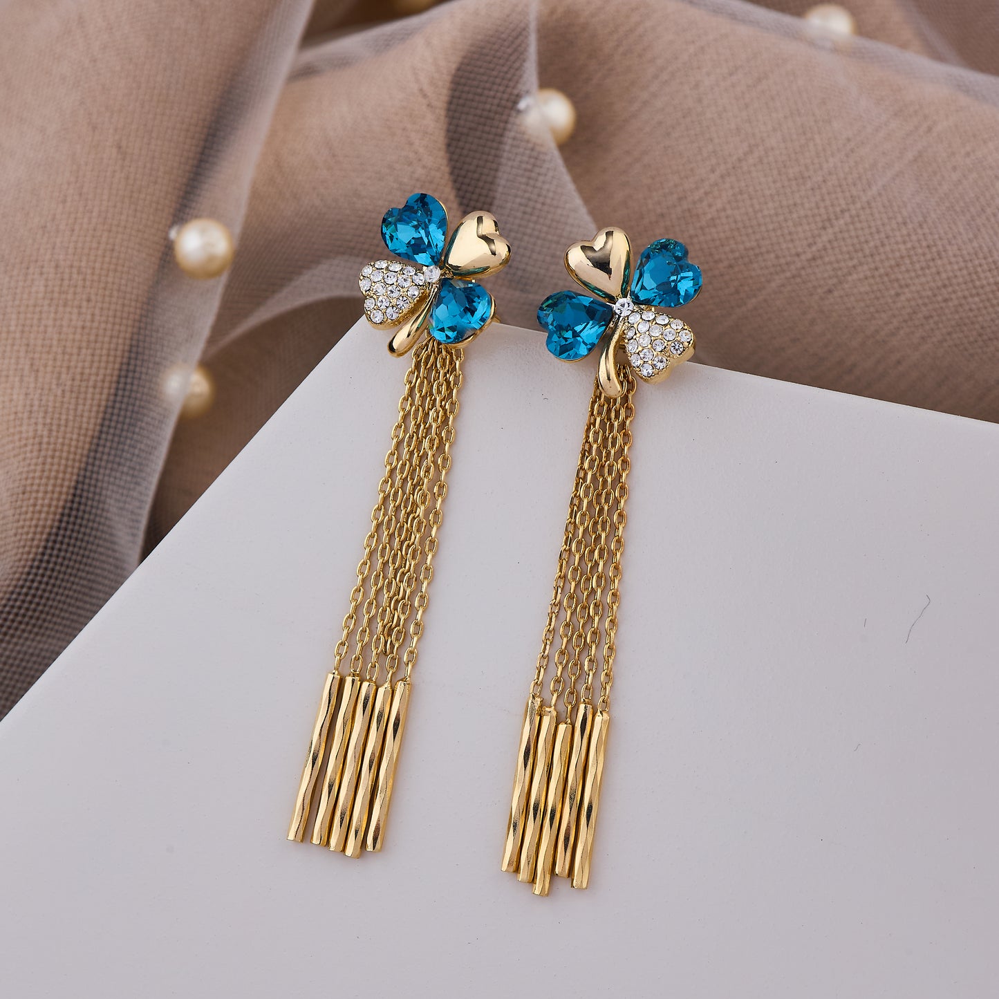 Gold Heart and Blue Crystal Clover Earrings with Dangling Multi-Chain Tassels