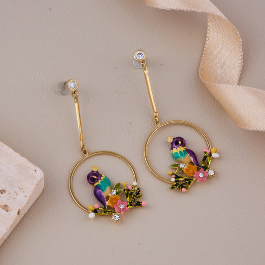 Gold Hoop Earrings with Colorful Parrot and Floral Design