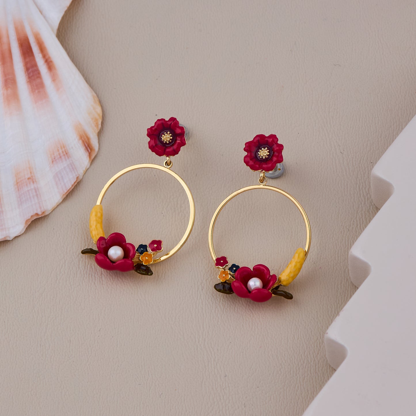 Gold Hoop Earrings with Red Floral Accents, Pearls, and Yellow Detailing