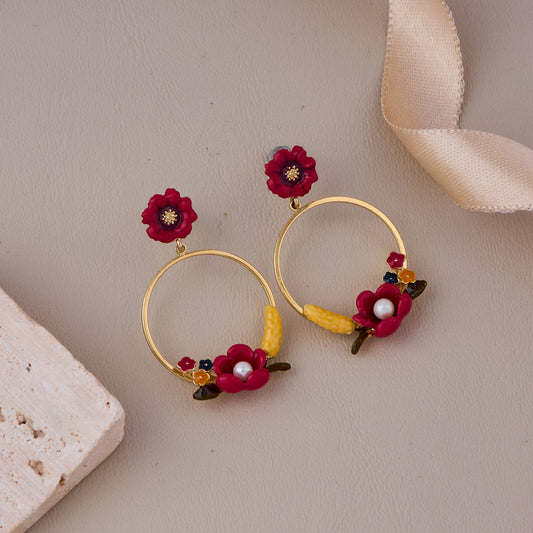 Gold Hoop Earrings with Red Floral Accents, Pearls, and Yellow Detailing
