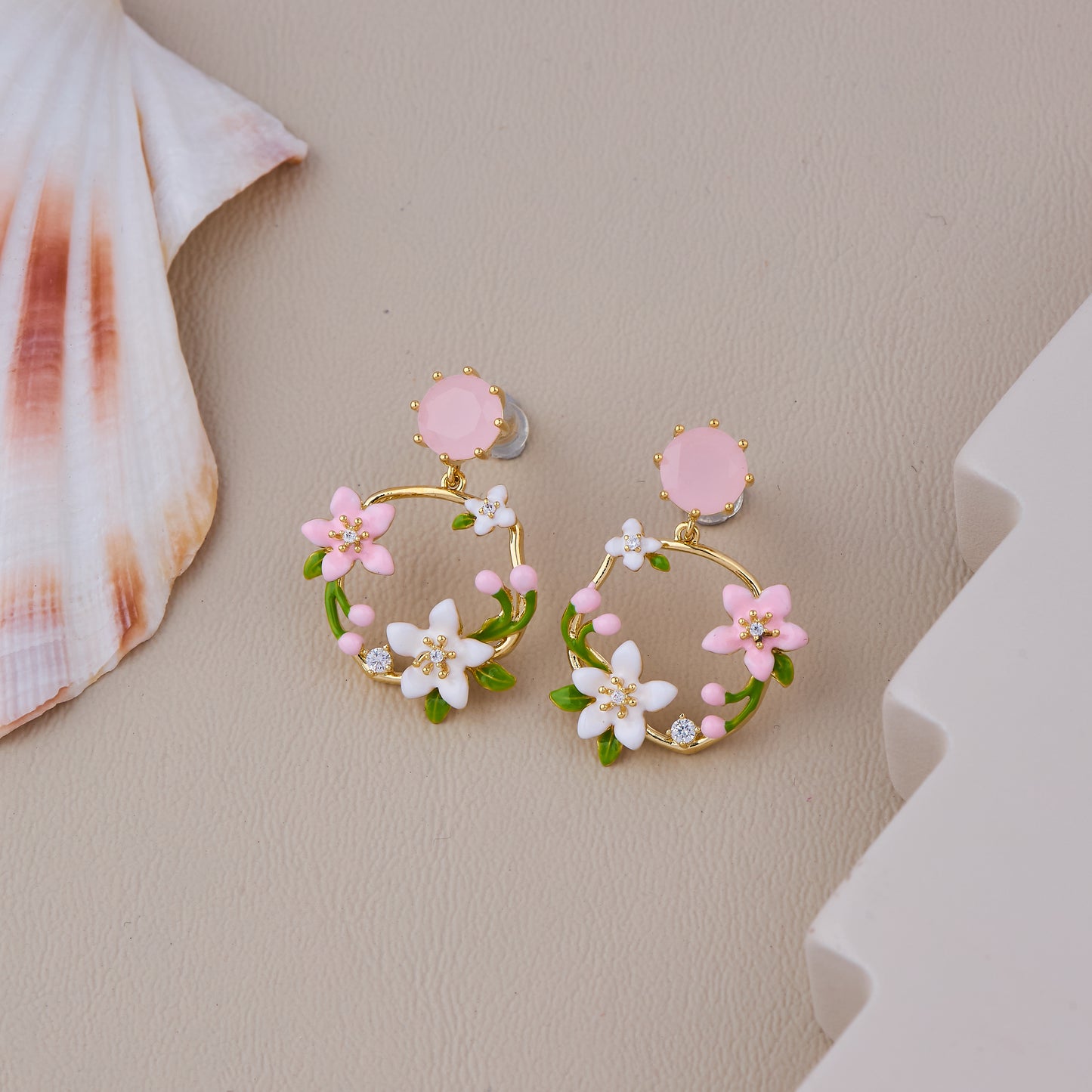 Gold Floral Hoop Earrings with Pink and White Flowers