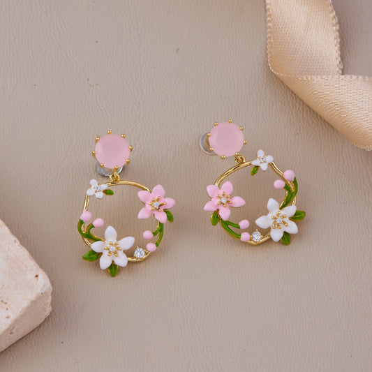 Gold Floral Hoop Earrings with Pink and White Flowers