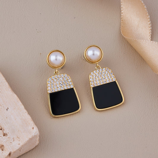 Gold Drop Earrings with Pearl Stud, Black Enamel Rectangle, and Crystal Pavé Accent