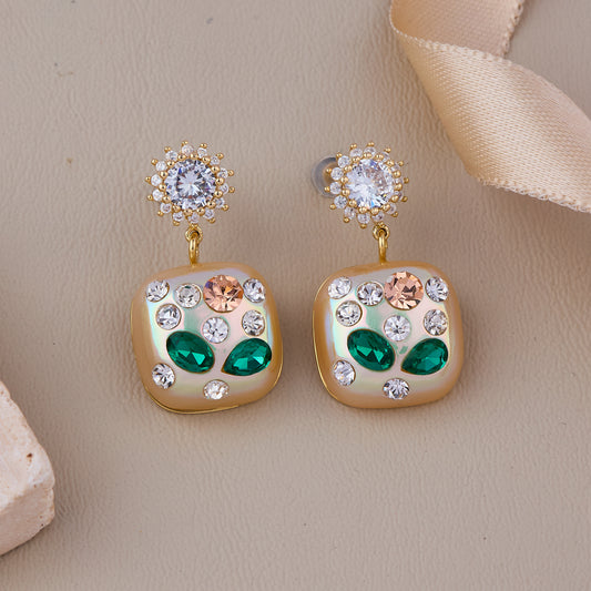 Gold square drops with emerald & crystal accents