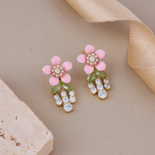 Pink floral studs with crystal drops