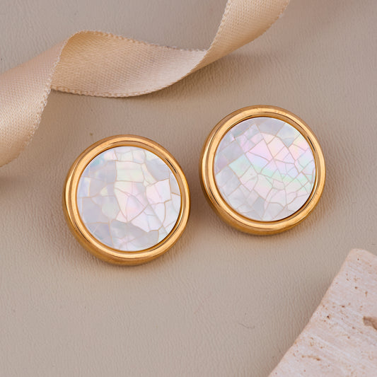 Golden round studs with mosaic mother-of-pearl inlay