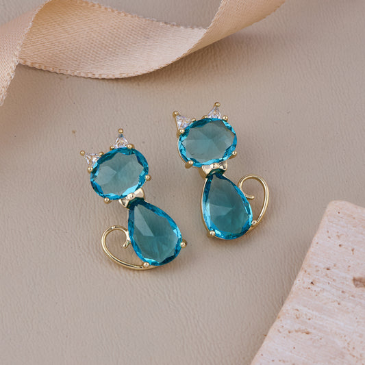 Cute blue gemstone cat-shaped earrings