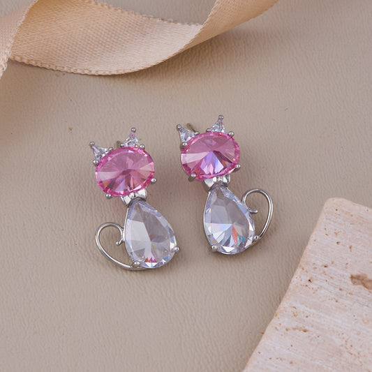 Adorable pink and white crystal cat earrings