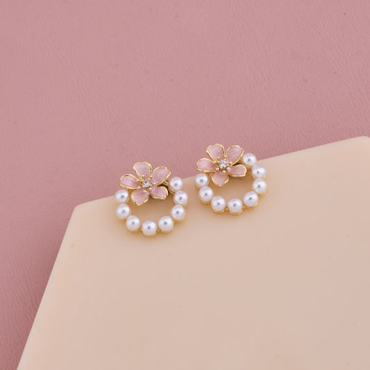 Blossom Pearl Hoop Earrings with Pink Floral Accent