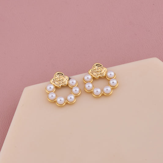Golden Rose Pearl Hoop Earrings