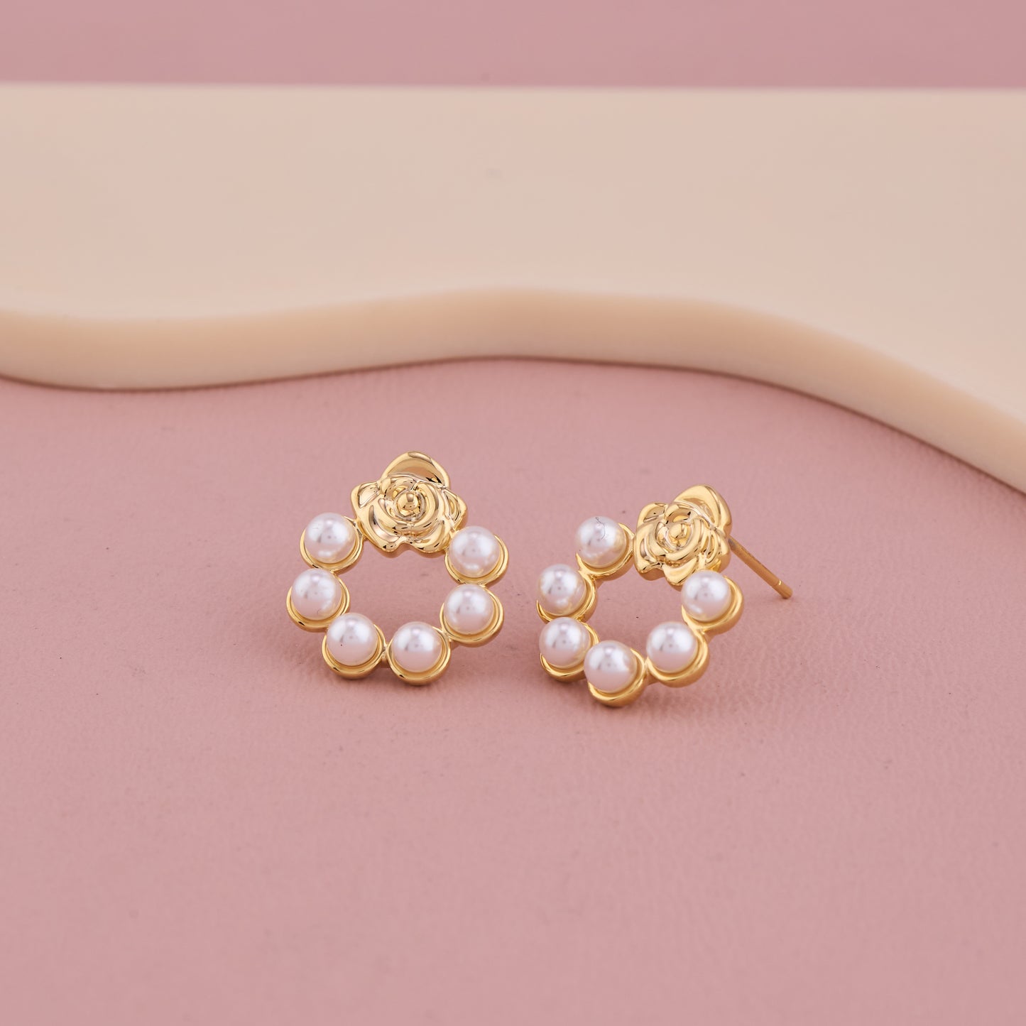 Golden Rose Pearl Hoop Earrings