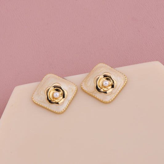 vory Enamel Rose Stud Earrings with Pearl Center