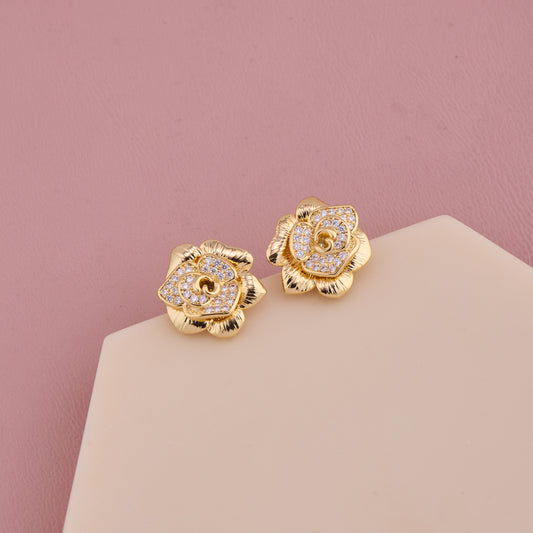 Golden Rose Bloom Earrings with Sparkling Stone Accents