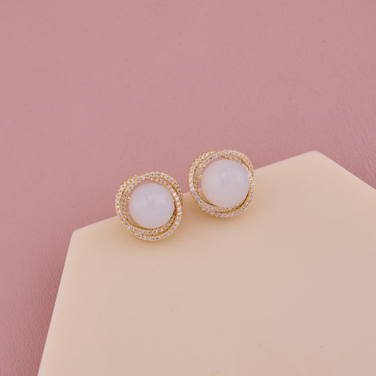 Elegant Pearl Stud Earrings with Double Halo of Sparkling Stones