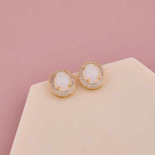 Golden Oval Stud Earrings with White Stone & Crystal Halo
