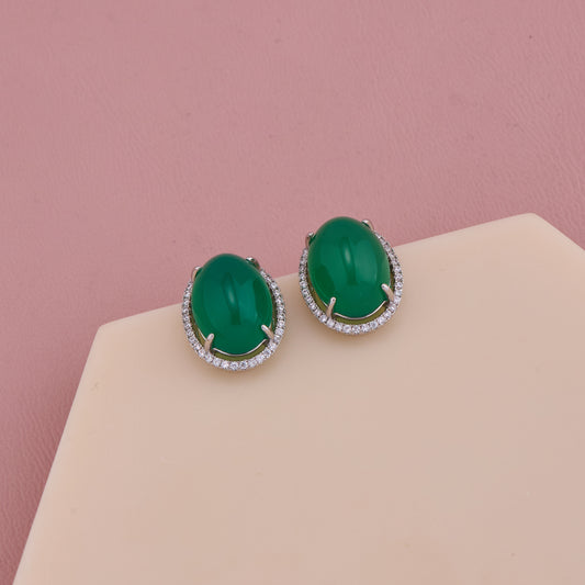 Emerald Green Oval Stud Earrings with Diamond Halo
