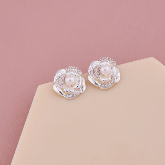 Elegant Pearl & Diamond Blossom Stud Earrings