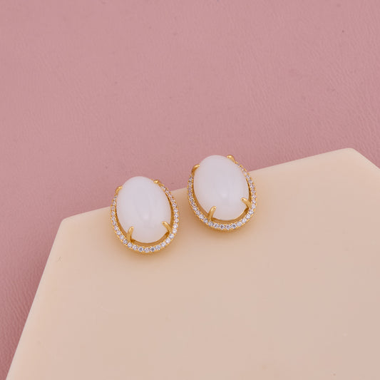 Classic Oval White Stone Stud Earrings with Diamond Halo