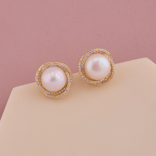 Pearl Stud Earrings With Diamond Halo