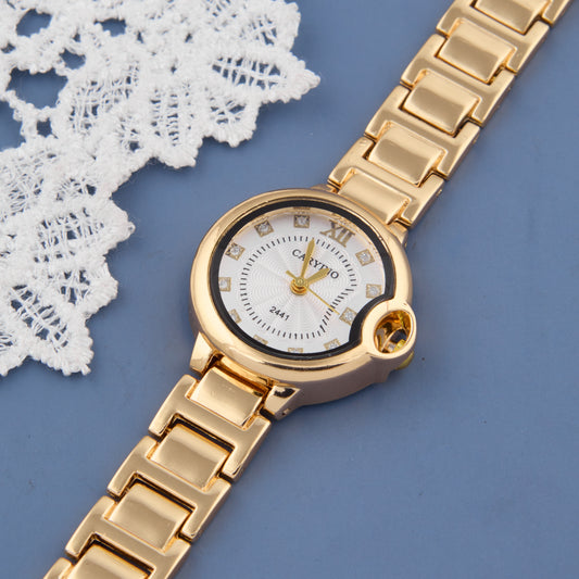 Stylish Gold-Tone Women’s Watch with Round Dial and Crystal Hour Markers