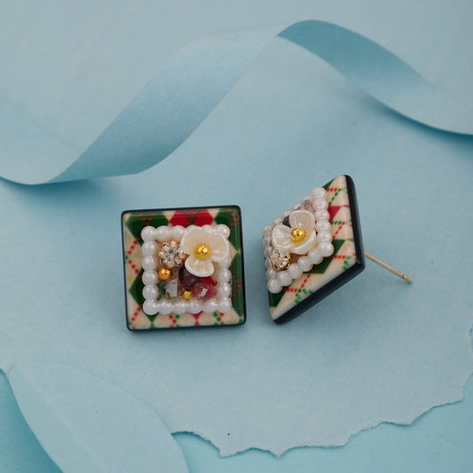 Floral Square Stud Earrings with Pearl & Crystal Embellishments for Women
