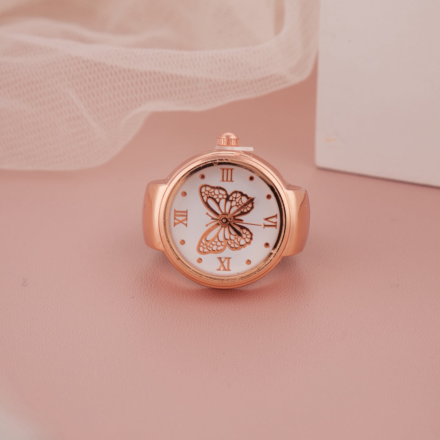 Elegant Rose Gold Ring Watch with Butterfly Dial & Roman Numerals