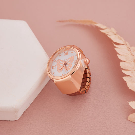 Elegant Rose Gold Ring Watch with Butterfly Dial & Roman Numerals