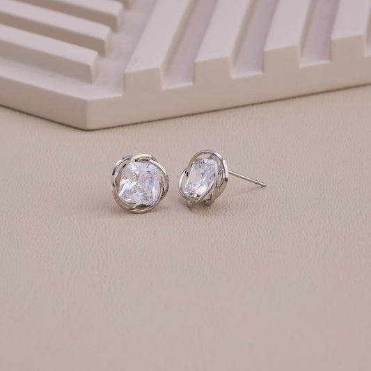 Silver Twisted Halo Crystal Stud Earrings