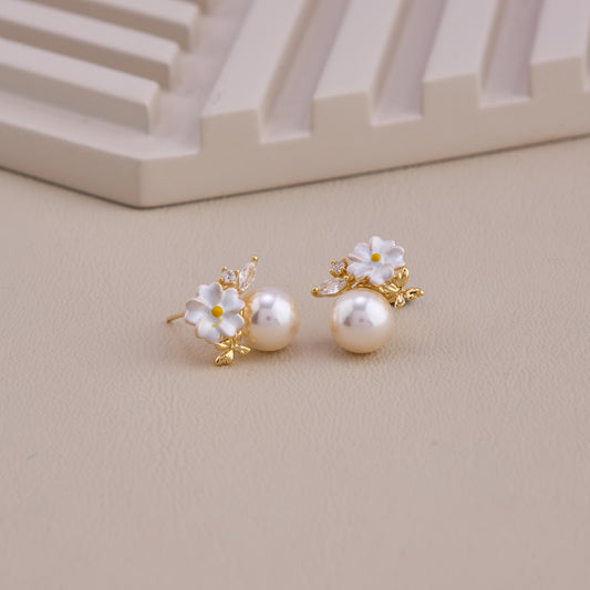 Floral Pearl Drop Stud Earrings
