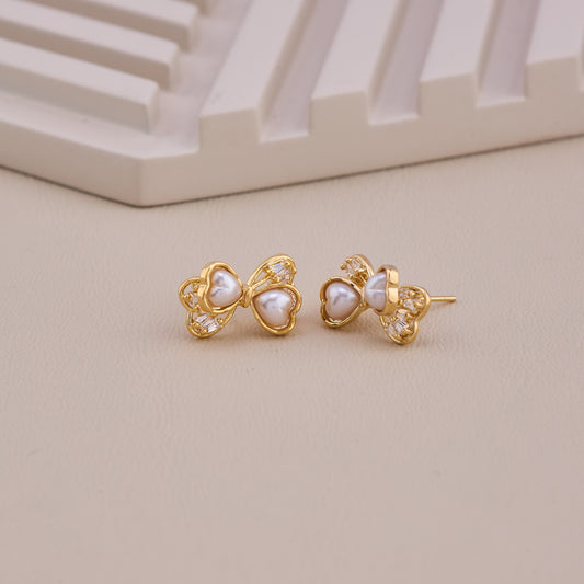 Heart Pearl Bow Stud Earrings