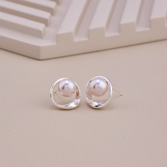 Silver Pearl Circle Stud Earrings